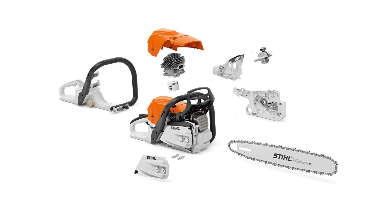 In Einzelteile zerlegte STIHL Benzin-Motorsäge MS 400 C-M mit Magnesiumkolben