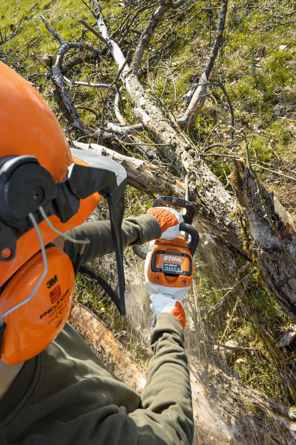 STIHL Akku-Kettensäge MSA 220 C-B im Einsatz am Baumstamm mit Ästen
