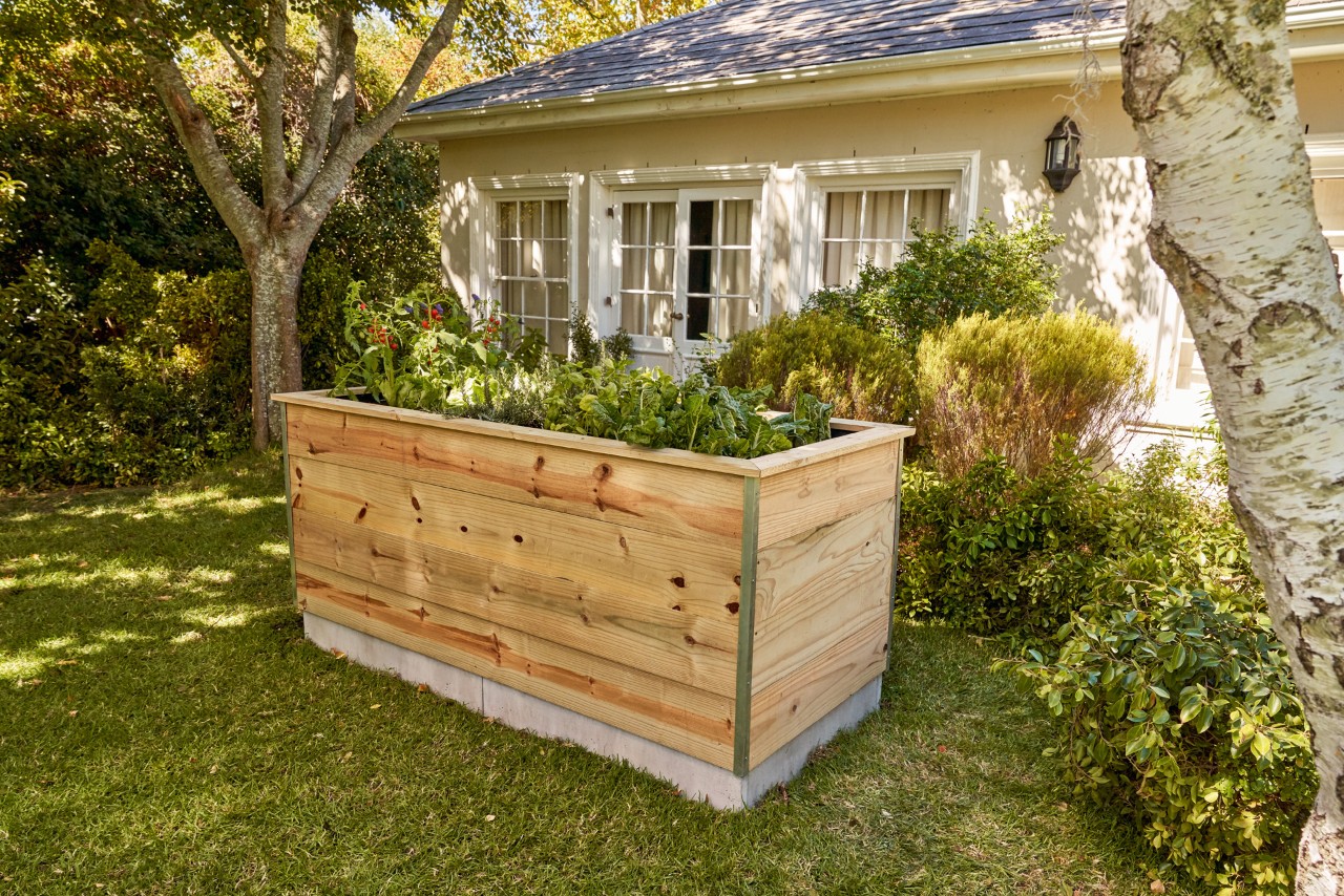 Bepflanztes Hochbeet aus Holzbrettern zum Selberbauen steht im Garten vor einem Haus, das einen perfekten Standort bietet, um ein Beet anzulegen