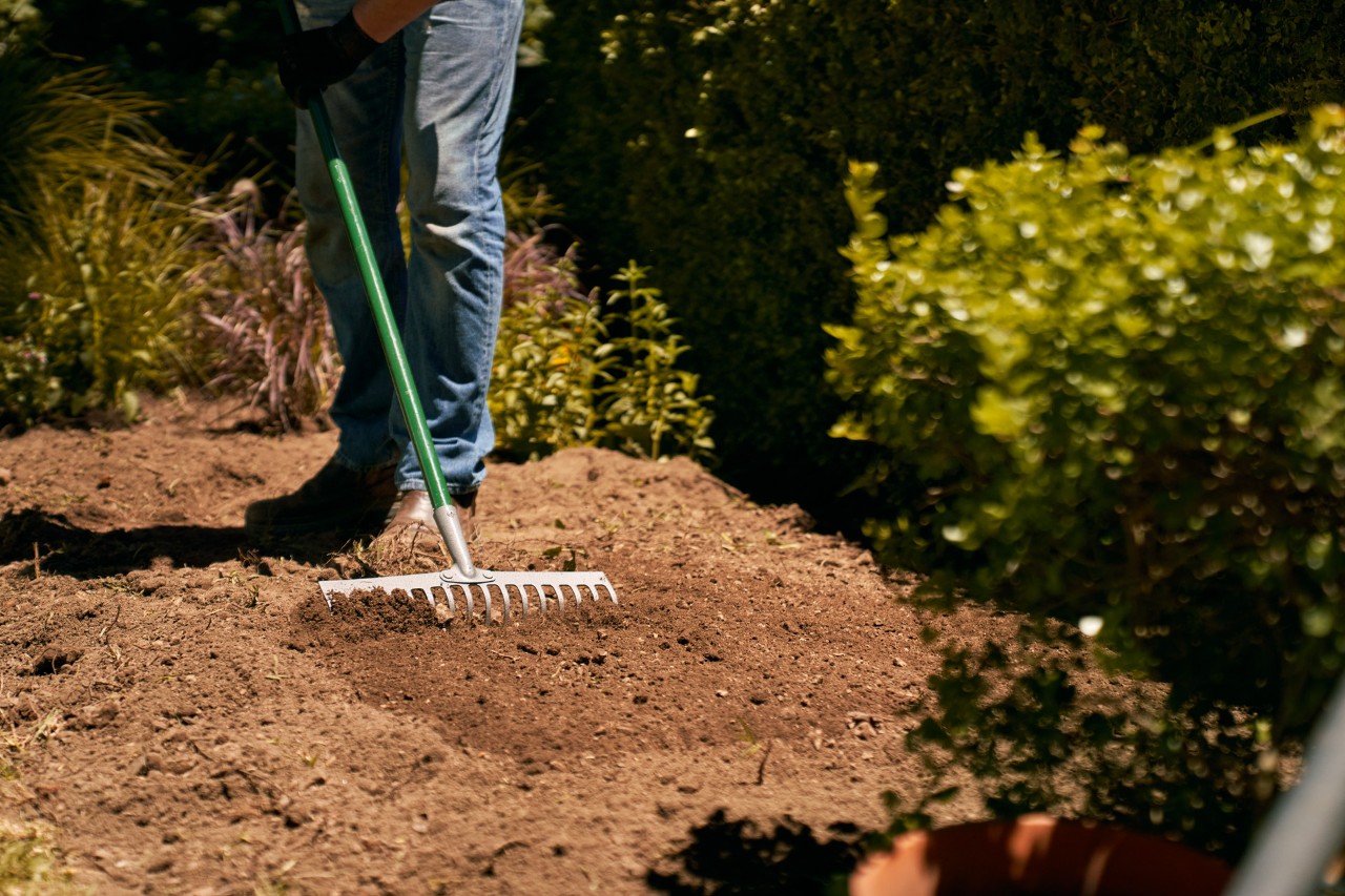 Person ebnet mit Rechen die Erde in einem Beet, um anschließend Garten zu düngen
