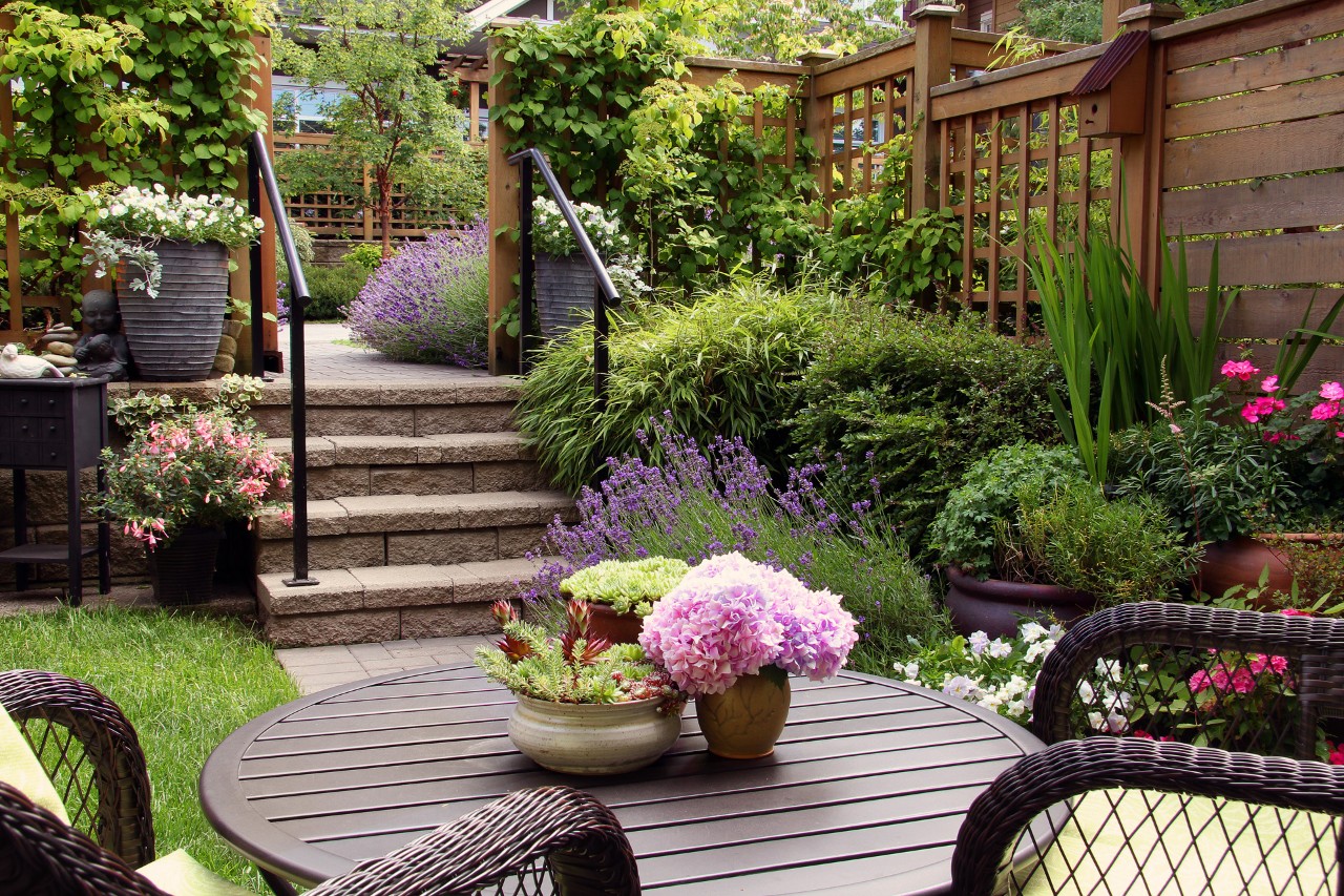 Kleiner Garten mit Korb-Gartenmöbeln vorne, Steintreppe zu erhöhter Ebene, Sträucher, Kübel, Rankgitter und Zäune hinten.