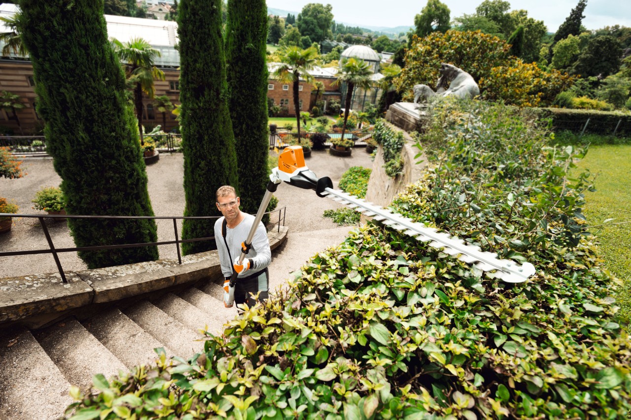 Mann auf einer Treppe schneidet hohe Hecke mit dem STIHL Akku-Heckenschneider HLA 85