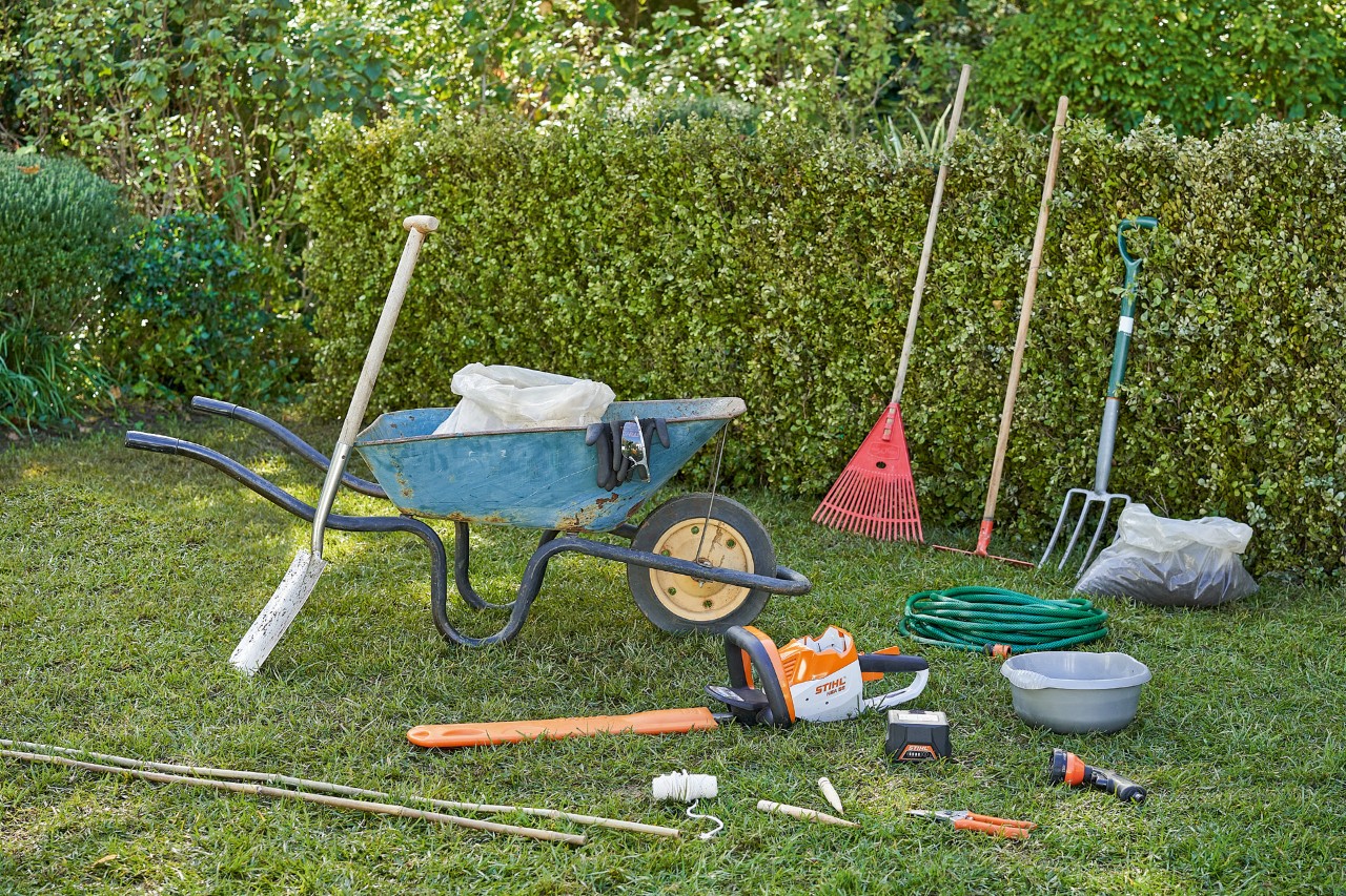 Werkzeuge, um Hecken zu pflanzen,  darunter die Akku-Heckenschere STIHL HSA 56 und die Gartenschere STIHL PG 10