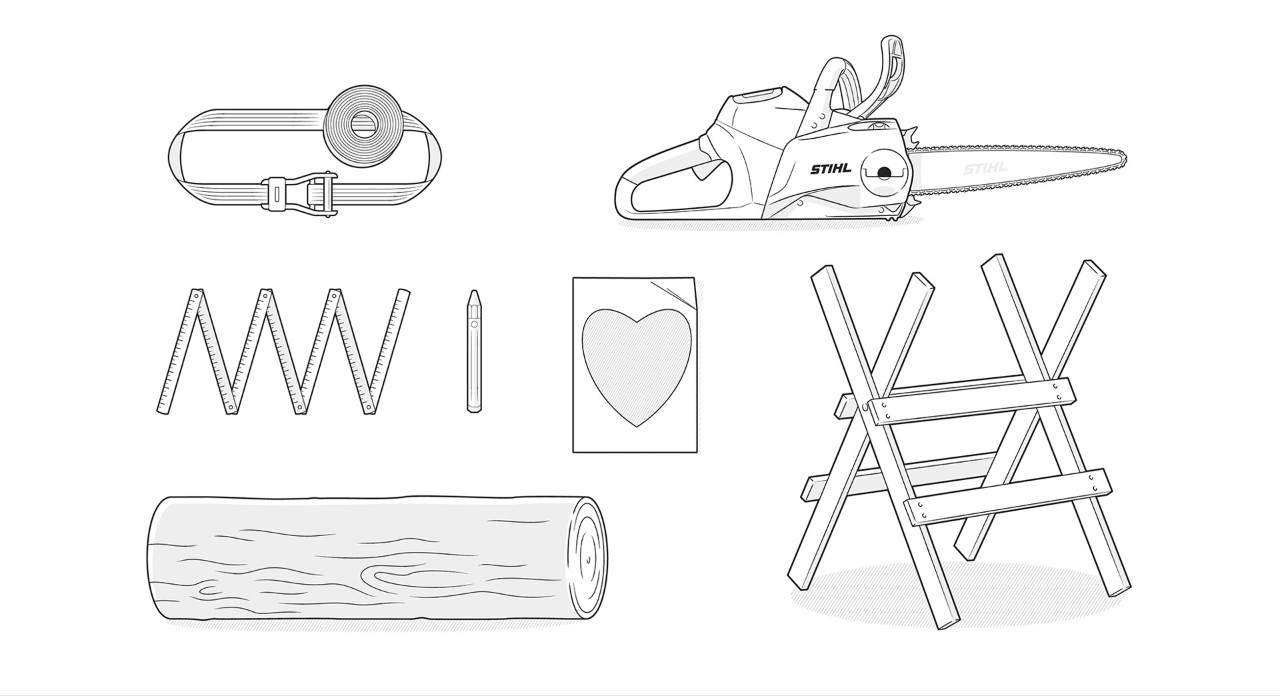 Material-Illustration: Rundholz, STIHL Motorsäge, Zollstock, Spanngurt, Herz-Schablone, Sägeblock, Stift