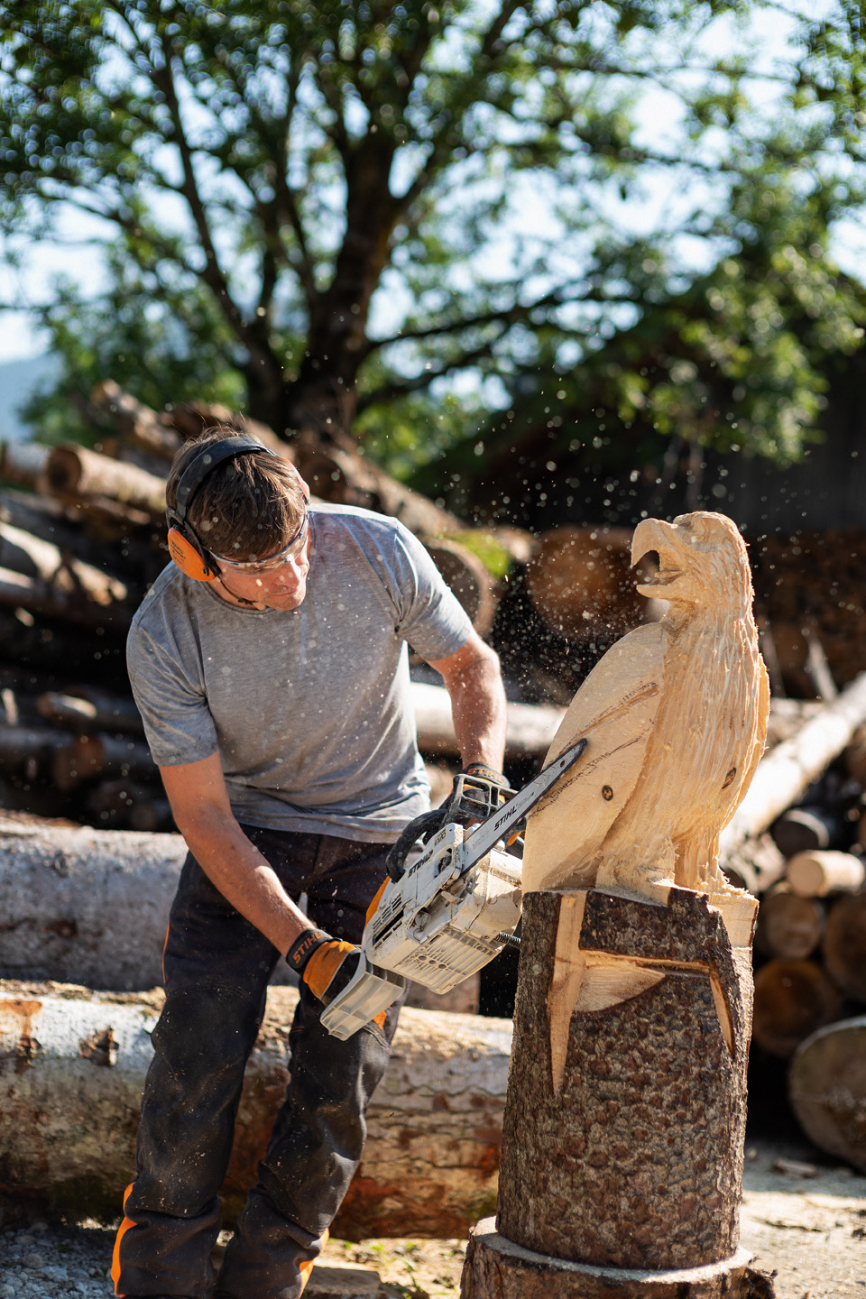Mann schnitzt mit einer STIHL Benzin-Kettensäge MSE 193 CE mit Carvingschiene einen Adler aus einem Baumstamm