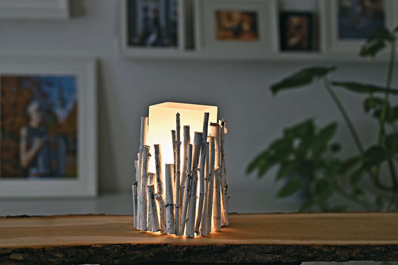 Leuchtende Lampe aus Ästen steht auf einem Holztisch in einem Wohnzimmer