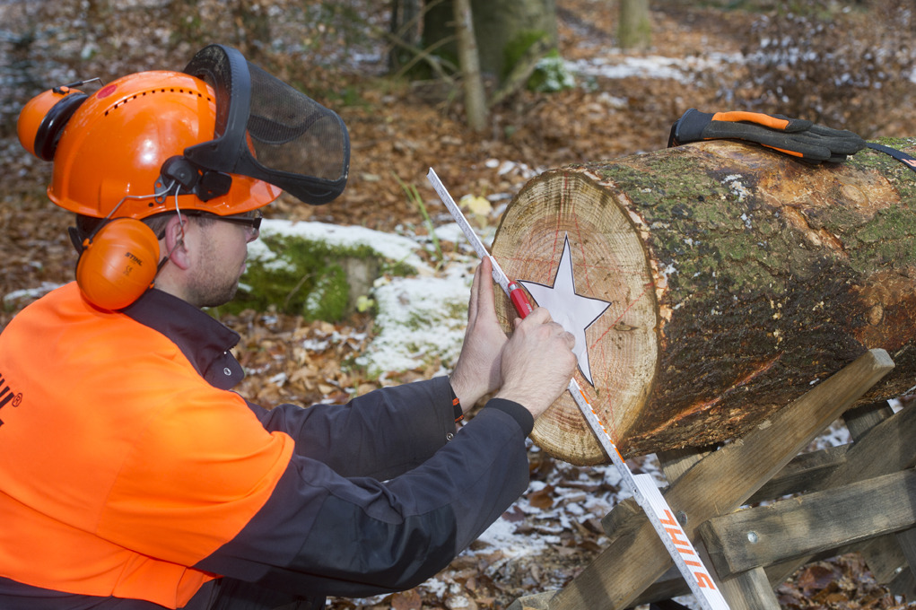 Für den Stern aus Holz wird die Stern-Form zunächst mit Signierkreide auf den fixierten Stamm aufgetragen