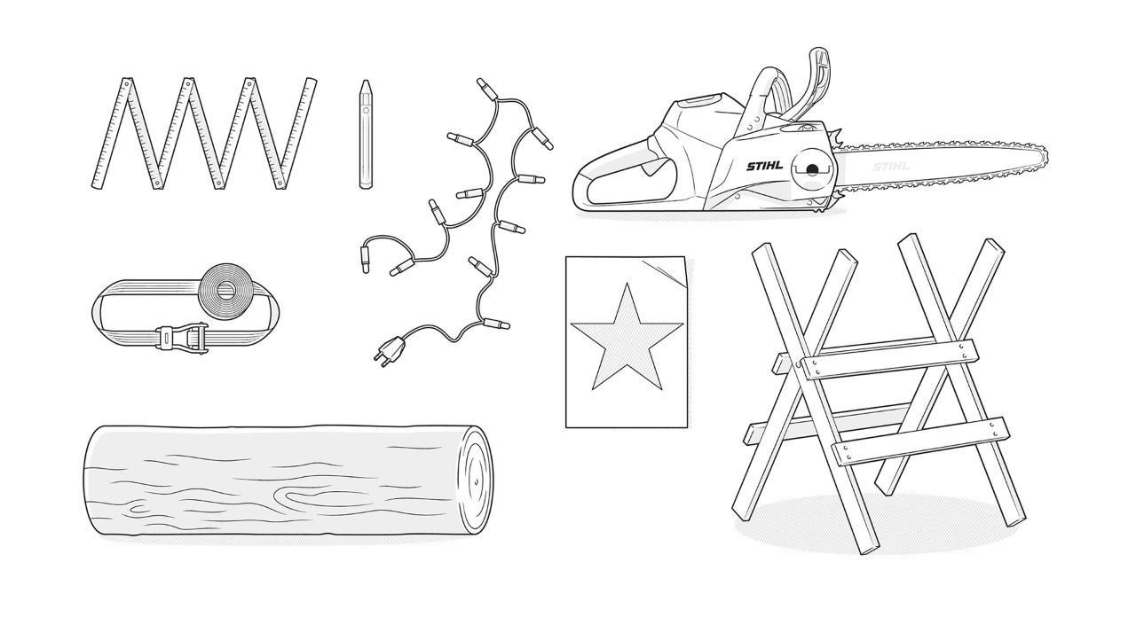 Material-Illustration: Stammstück, STIHL Kettensäge, Zollstock, Lichterkette, Spanngurt, Sägeblock, Sternschablone