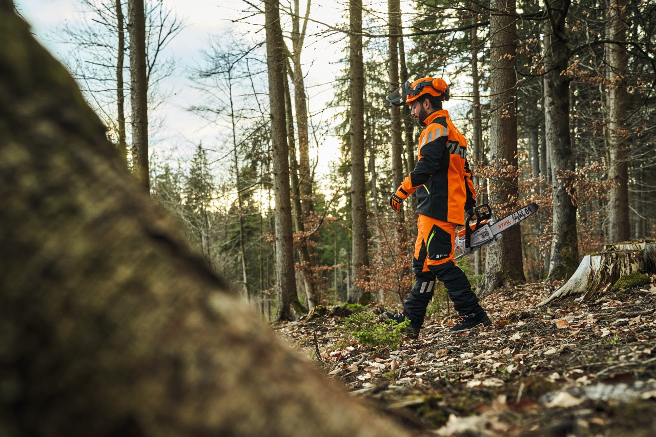 Holzarbeiter, der bei der Arbeit im Wald STIHL ADVANCE-FlexTEC-ShellTEC trägt