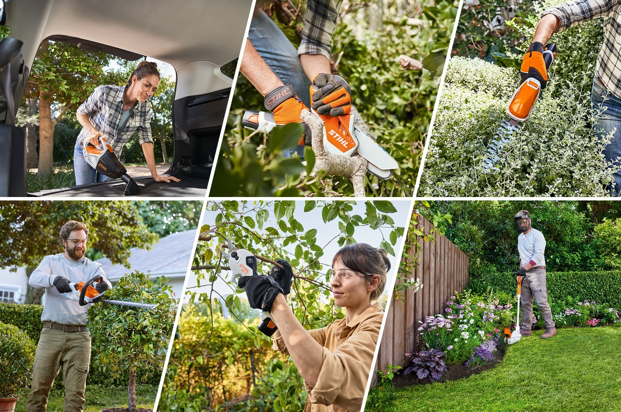 Menschen bei verschiedenen Gartenarbeiten, zum Beispiel Formschnitt und Rasenkantentrimmen, mit den Akku-Geräten des AS-Systems   Bildunterschrift: Die Geräte des AS-Systems sind vielfältig einsetzbar für verschiedene Gartenarbeiten 